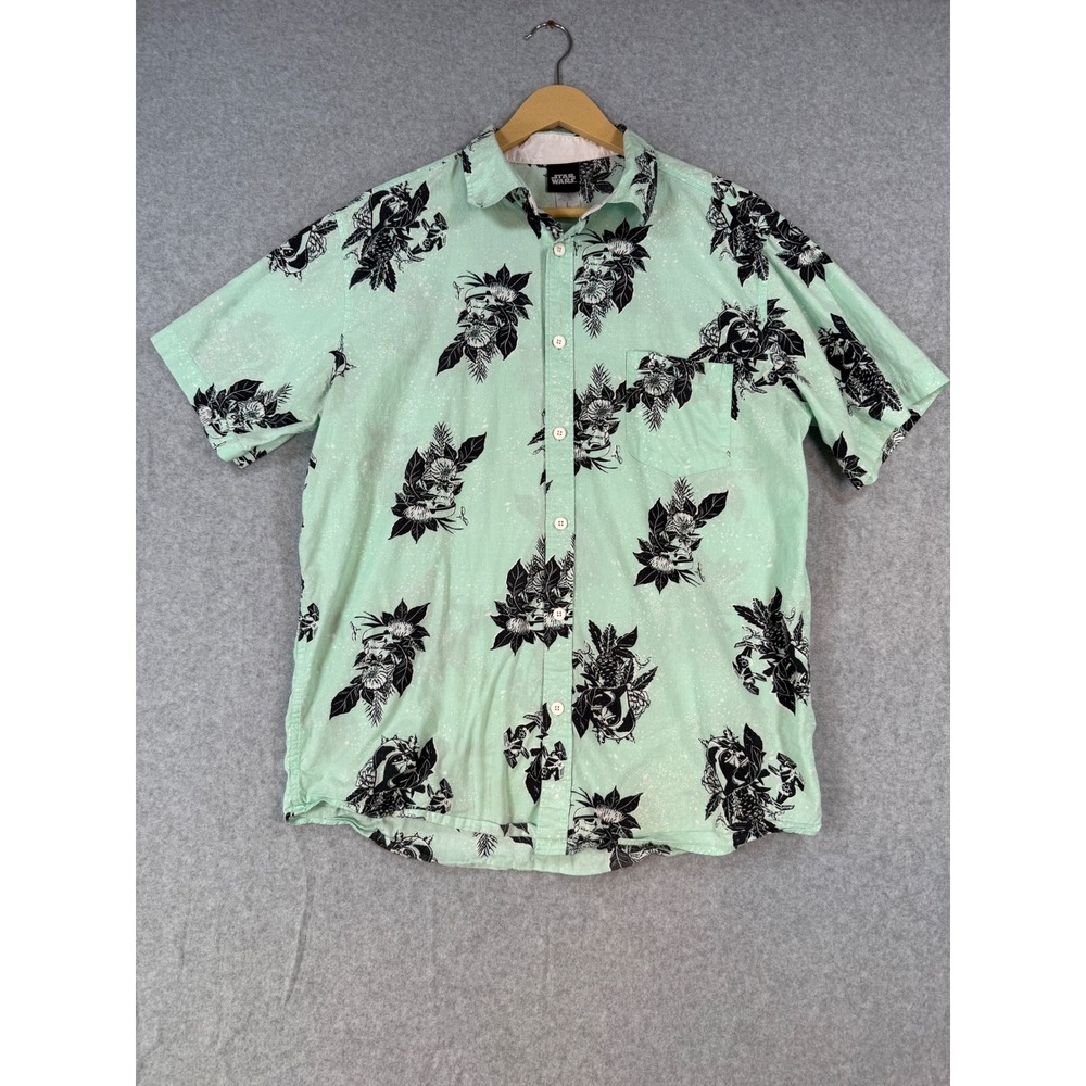 Star Wars Large Button Down Shirt Floral Darth Vader Cotton Mint Green